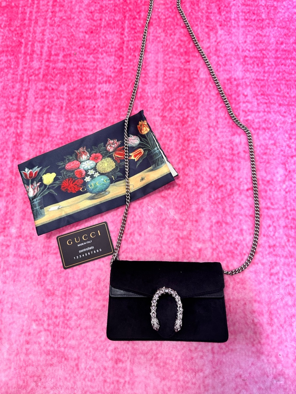 Gucci Black Suede Dionysus Mini Shoulder Bag with Silver-Tone Chain